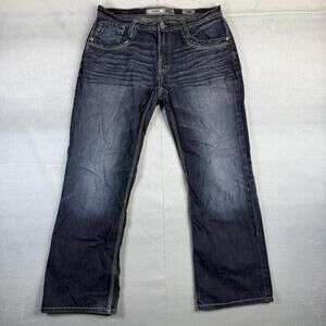 BKE Derek Jeans Mens 33R Blue Dark Wash Bootcut Western Buckle Stretch Denim